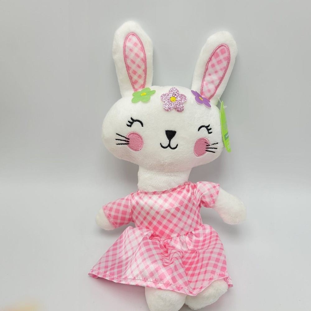 White Girl Bunny Rabbit Plush Pink Gingham Dress Happy Go Fluffy Walgreens 11"